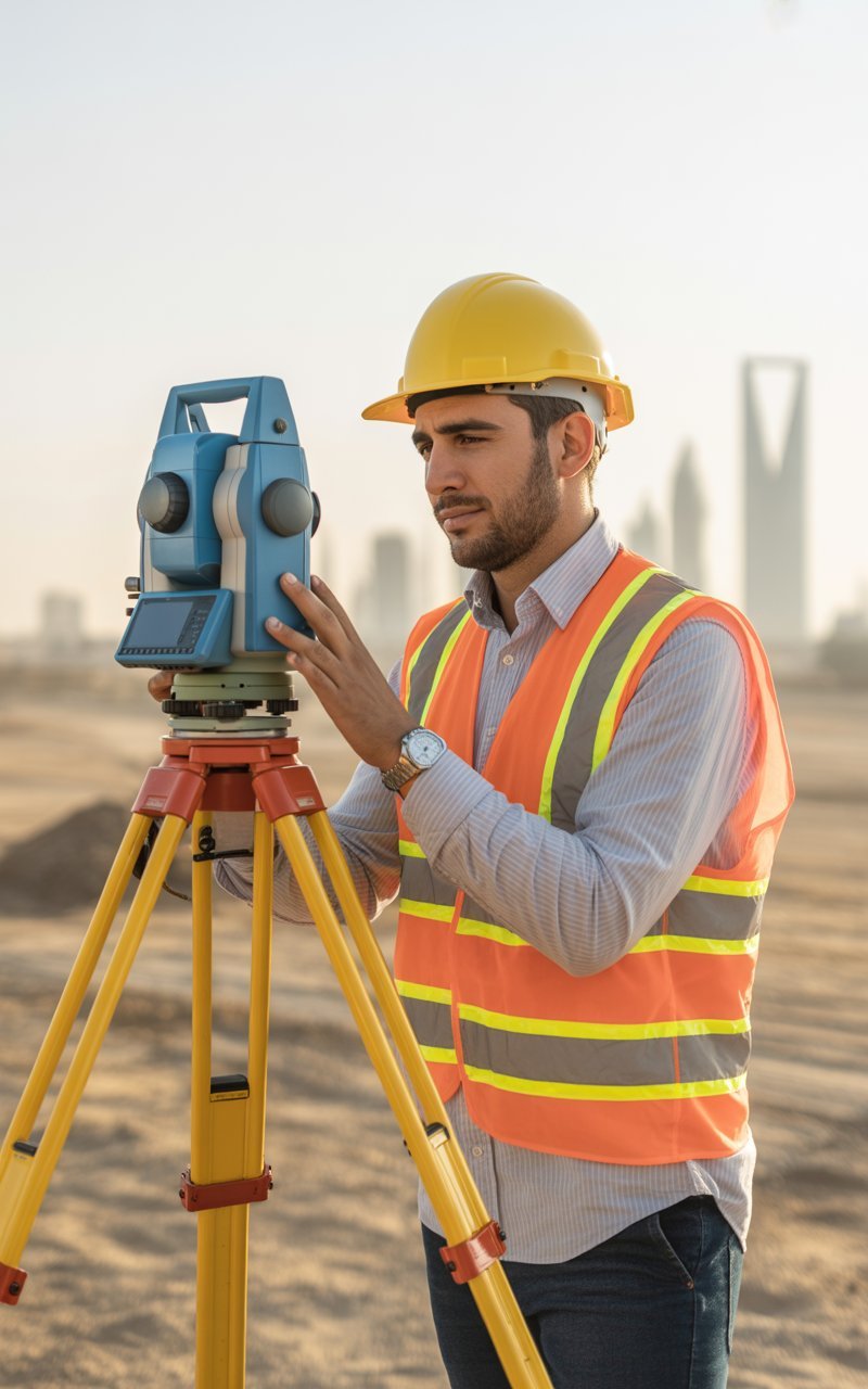 Professional GPS survey engineer operating total station in Riyadh Saudi Arabia - SurveyPlus KSA